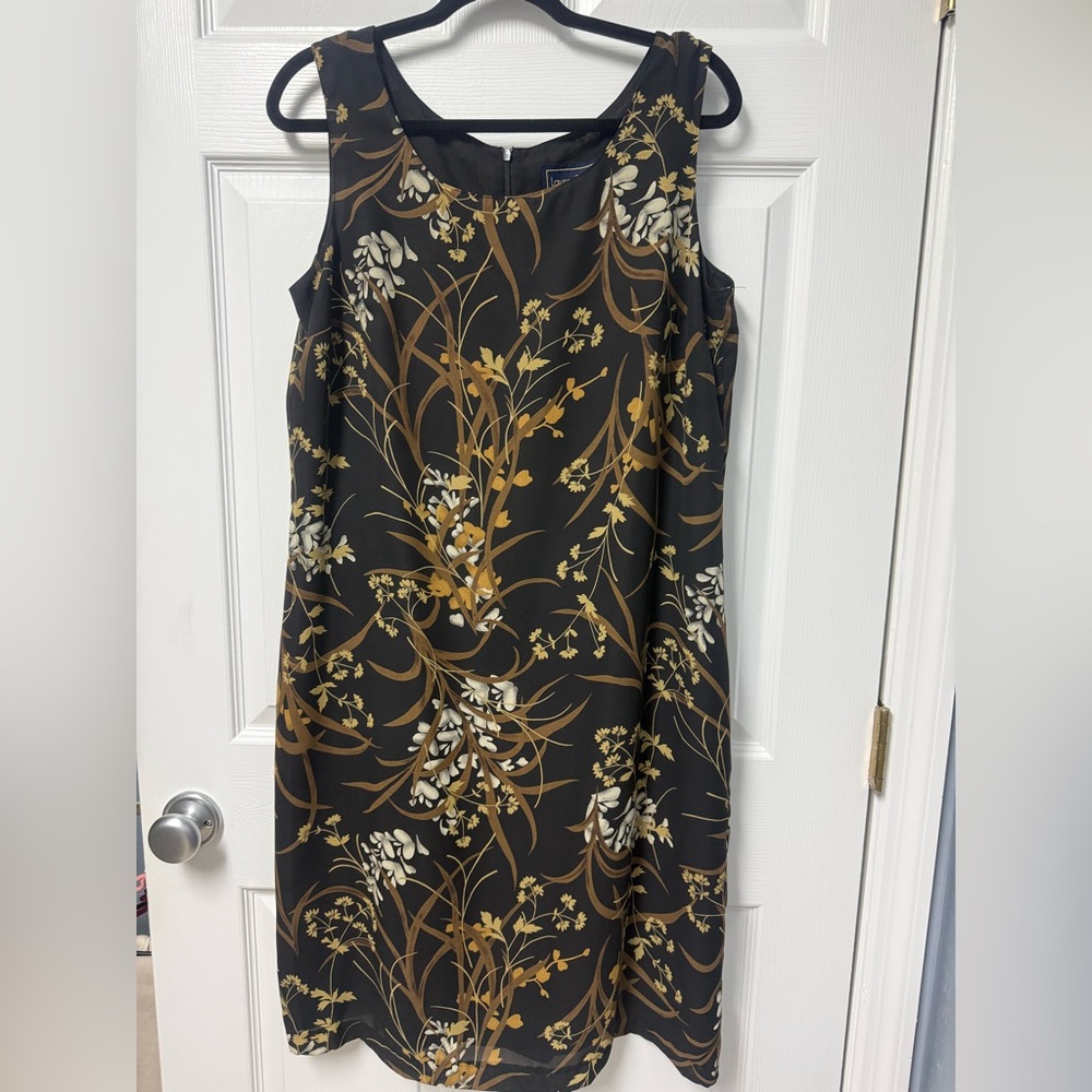 Laura Scott Black Sleeveless Midi Dress with Gold and Cream Floral Print
